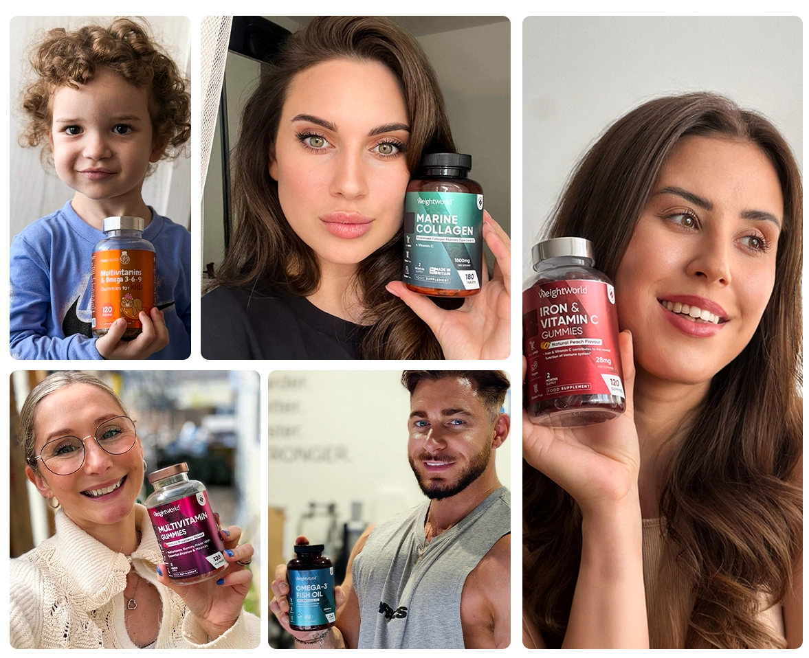 A five-panel collage showing people holding bottles of dietary supplements. The top-left panel shows a child holding an orange bottle labeled 'Branched'.